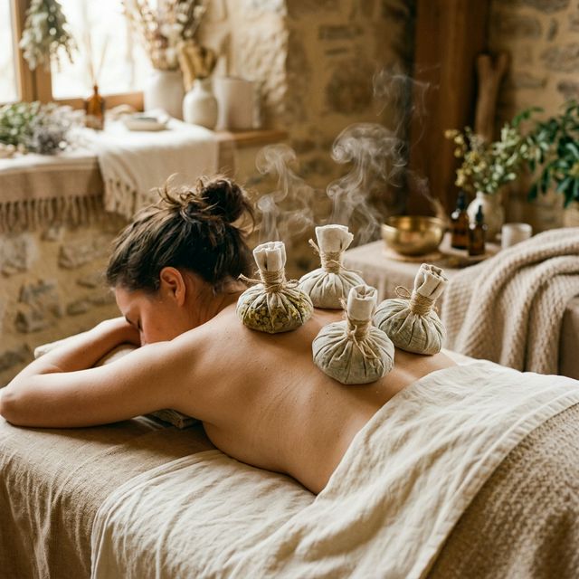 Massage aux pochons aux herbes ayurvédique